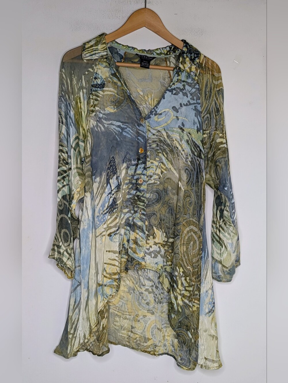 Citron Santa Monica hi-low silk velvet button down tunic top Floral Butterflies